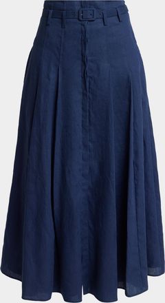 Gabriela Hearst Dugald Pleated Linen Belted Midi Skirt