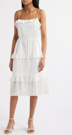 Julia Jordan Ruffle Clip Dot Tie Strap Midi Dress in Ivory at Nordstrom Rack, Size X-Large