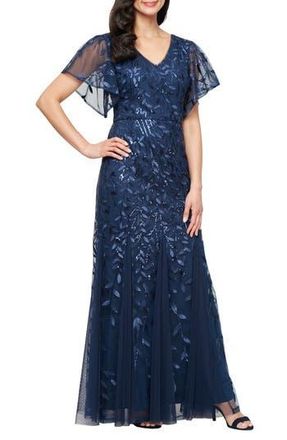 Alex Evenings Embroidered Flutter Sleeve Tulle Mermaid Gown in Navy at Nordstrom Rack, Size 16