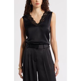Nordstrom Lace Trim Satin Tank in Black at Nordstrom Rack, Size X-Small