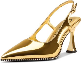 Castamere Womens Slingback Chunky High Heels Close Pointed Toe Dressy Pumps Wedding Party Shoes 9 CM Heels Gold 3.5 UK