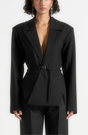Mani&egrave;re De Voir Yuna Plunge Tailored Blazer With Belt in Black at Nordstrom, Size 16