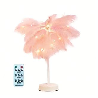 OEM L&aacute;mpara Rosa Con Plumas De Avestruz, L&aacute;mpara De Mesita De Noche, L&aacute;mpara De Mesa Led, Regalos De Navidad Para El Dormitorio, Sala De Estar, Centro De 