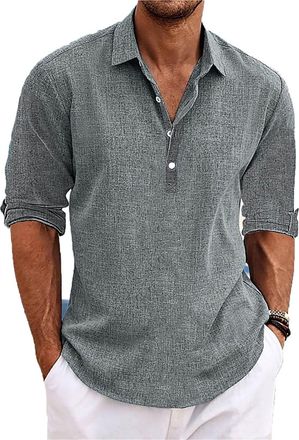 Generic Classic Shirt Men,Shirts Mens Linen Long Sleeve Button-Up Lapel Shirts Casual Summer Shirt (Gray,XL)