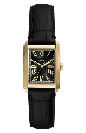 Fossil Carraway Leather Strap Watch, 30mm in Black /Gold at Nordstrom