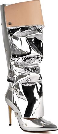 Generic Womens Patent Leather Knee High Boots with Zipper Pointed Toe Long Boot Stiletto High Heel Evening Party Prom Shoes,Silver,7.5 UK