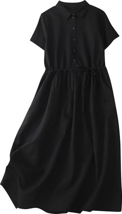 Generic Women Short Sleeve Summer Dresses, Cotton Linen Fabric Button Midi Dress with Shirt Collar & Tie Waist, Holiday Casual Pockets Sundress for Hot Weathe