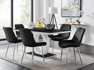 Furniturebox Giovani Rectangular 6 Seat White High Gloss Unique Halo Base Dining Table Black Glass Top 6 Soft Velvet Silver Leg Pesaro Chairs