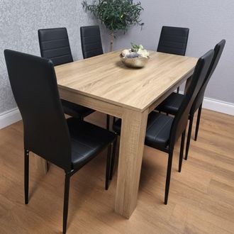 Kosy Koala Oak Effect Dining Table Set With 6 Black Faux Leather Chairs Dining Room Furniture in Brown