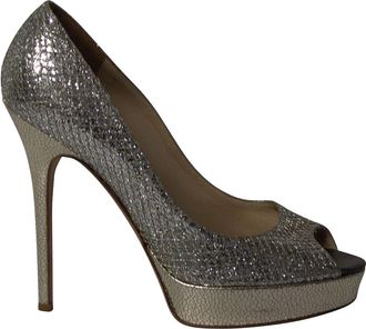 Jimmy Choo London Dahlia Platform Peep Toe Pumps in Silver Glitter