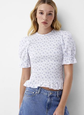 Icone Womens Touch of linen puff-sleeve smocked blouse