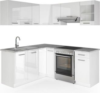 Vicco Cocina esquinera Rick, Blanco/blanco alto brillo, 187 x 167 cm, et Mármol