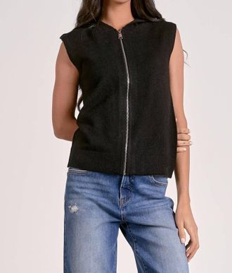 Elan Irene Sleeveless Zip Up Sweater Vest Hoodie In Black