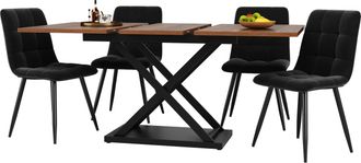 STILVORA Conjunto De Mesa Y Sillas Con 1 Mesa Extensible Y 4 Sillas, Para 4 Personas, Mdf, Metal Y Terciopelo, Nogal Y Negro