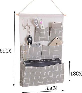 OEM Organizador De Pared De Algod&oacute;n Y Lino A Cuadros Grises, Bolsa De Almacenamiento Colgante De 5 Bolsillos