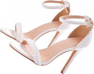 Generic Peep Toe White High Heel Sandals with 11Cm Pointed Heel and Pearl Detail for Women Wedding Bridal Dress Shoes Outdoor Use