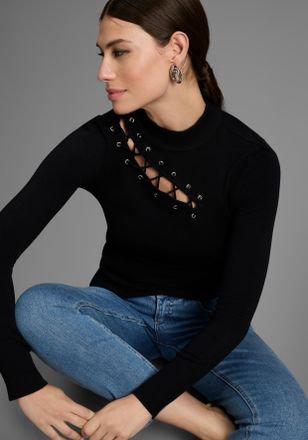 Melrose Stehkragenpullover MELROSE, Damen, Gr. 34, schwarz, Feinstrick, Obermaterial: 70% Viskose, 30% Polyamid, unifarben, tailliert h&uuml;ftlang, hoch geschloss