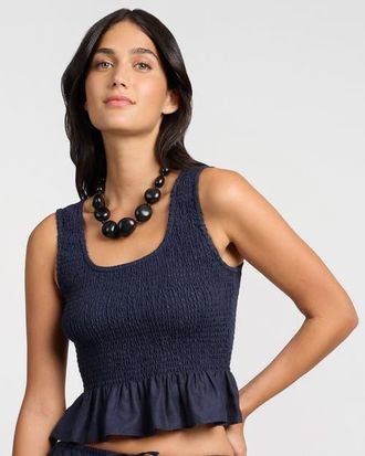 Onia Air Linen Smocked Tank in Noir Navy at Nordstrom, Size X-Small