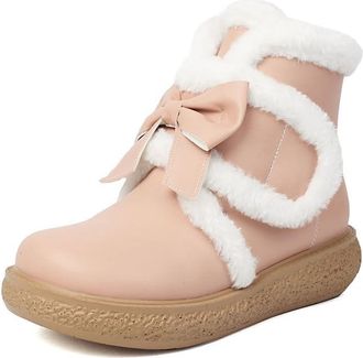 Generic Womens Platform Heel Short Boots with Bow Round Toe PU Leather Winter Ankle Boots Pull on Lolita Shoes,Pink,6.5 UK