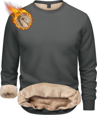 Generic Mens Fleece Round Neck Fleece Jumpers Sweatshirt Sherpa Lined Pullover Sweater Thick Warm Winter Sweatshirt Thermal Fluffy Sweatshirt Casual Solid Col