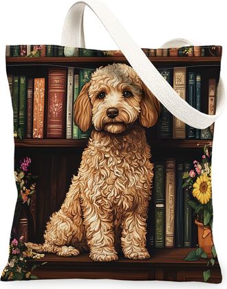 Generic Spring Labradoodle Dog Canvas Tote Bag for Shopping 13x15, Flower Bookshelf Puppy Reusable Grocery Print Bag for Women, Fun Pet Beach Aesthetic Painti