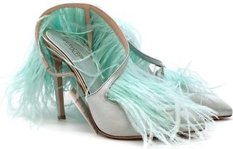 Giambattista Valli Green Ostrich Feather Satin Slingbacks Size 35.5