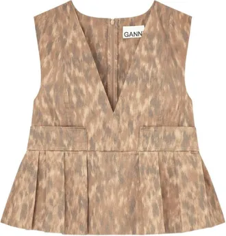 Ganni Beige Printed V Neck Top