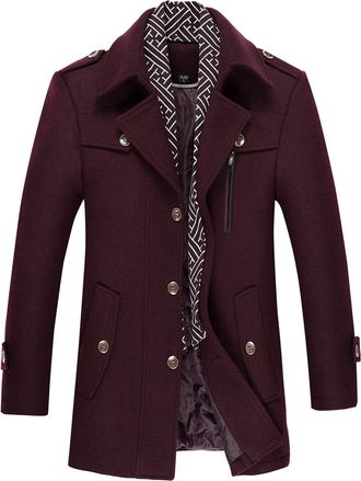 AlltheMen Mens Winter Wool Trench Coat Scarf Collar Warm Coat Jacket Casual Mid Length Overcoat Wine XXL