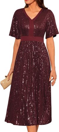 Grace Karin Womens Short Sleeve Evening Dress V-Neck Swing Cocktail Dress Elegant Sequin Dress A-Line Pleated Skirt Casual Dress M Wine Red