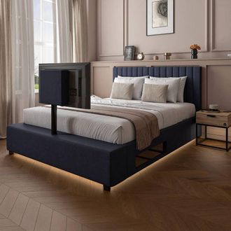 X Rocker Maisie Velvet Upholstered Ottoman TV Bed with Storage & LED Lights in Navy | Size: Double