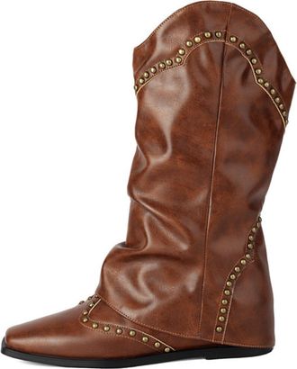 Generic Womens Western Cowboy Boots Slouchy Faux Leather Gold Studs Decor Pointed Toe Flat Heel Stylish Casual Daily Streetwear Country Themed Party Outfits,B