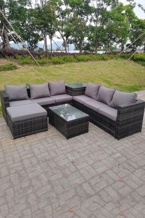 Fimous 7 Seater Rattan Corner Sofa Lounge Sofa Set With Oblong Coffee Table & Big Footstool in Dark Grey