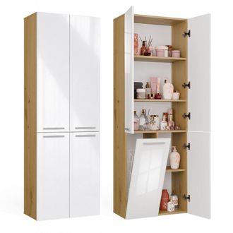 Topeshop Nel 1k Dd - Mueble De Ba&ntilde;o - 5 Estantes, Cesto De La Ropa - 60x174x30 Cm - Roble Artisan Blanco Brillante