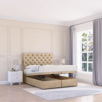 Sloomy Mayfair Coniston Fabric Ottoman Bed End Opening With Sprung Memory Mattress & 26 Inch strut Headboard in Cream | Size: Single
