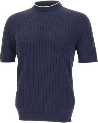 Eleventy Turtlenecks, male, Blue, Size: 2XL Ribbed Short-Sleeve Sweater