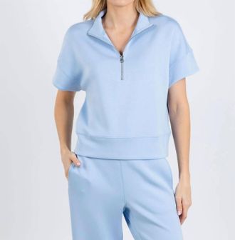 Elliott Lauren Comfort Zone Quarter Zip Short Sleeve Sweater In Sky Blue