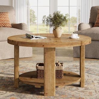 Tribesigns Tribesigns Round Coffee Table, 31.5 Farmhouse Solid Wood Coffee Table with Storage, 2-Tier Boho Circle Center Accent Furniture for Living Room