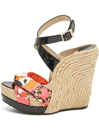 Jimmy Choo London 120mm floral-print wedge sandals - women - Canvas/Patent Leather/Calf Leather/Calf Leather - 38 - Black