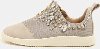Giuseppe Zanotti Beige Crystal Embellished Suede And Mesh May London Slip On Sneakers