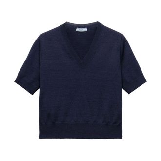 Prada V-neck Knitwear, female, Blue, Size: S Navy Blue V-Neck Ribbed T-shirt