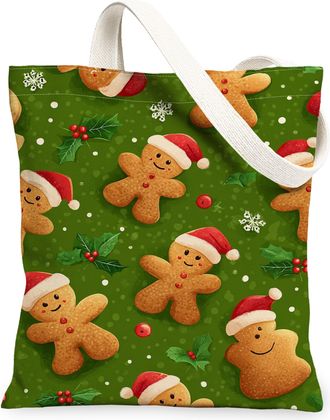 Generic Christmas Gingerbread Canvas Tote Bags, Holiday Biscuits Pattern Reusable Grocery Bags, Winter Lightweight Washable Shoulde, Green, 13x15 Inch