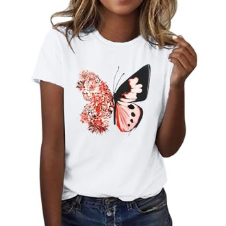 Generic Womens Love Butterfly Floral Mexican Printed Shirt Short Sleeve Round Neck T Shirts Fashion Tops Lightweight Soft Casual Summer Clothes Workout Tees (