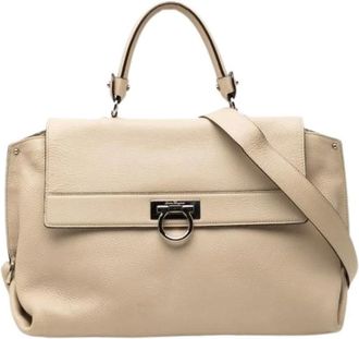 Ferragamo Pre-owned Handbags, female, Beige, Size: ONE SIZE Pre-owned Gancini Leather 2way Bag