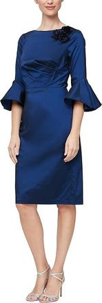 Alex Evenings Short Sheath Dress w/Shoulder Floral Detail Bell Sleeves Womens Dress Navy : 10, Nylon/Polyester/Spandex