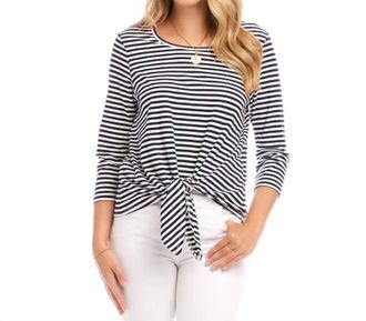 Karen Kane Three Quarter Sleeve Tie Front Top In Stripe