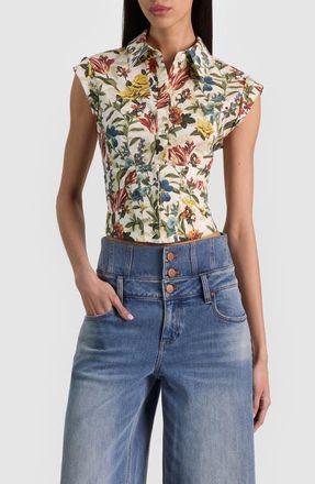 Alice & Olivia Kim Paneled Corset Top in Desert Sprigs Vanilla at Nordstrom, Size 14