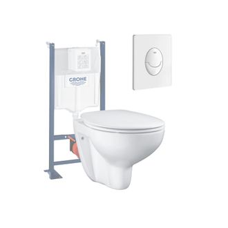 GROHE Pack Inodoro Suspendido Sin Borde Bau Ceramic + Asiento + Placa Blanca + Estructura - Grohe