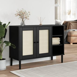 Berkfield Home Sideboard SENJA Rattan Look Black 112x40x80cm Solid Wood Pine | Size: 112 x 40 x 80 cm