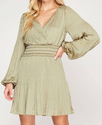 She + Sky Long Sleeve Satin Dress In Olive