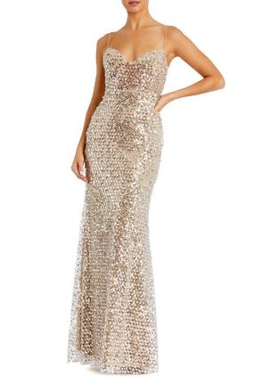 Mac Duggal Embellished Mesh Sleeveless Bustier Gown in Nude at Nordstrom, Size 12